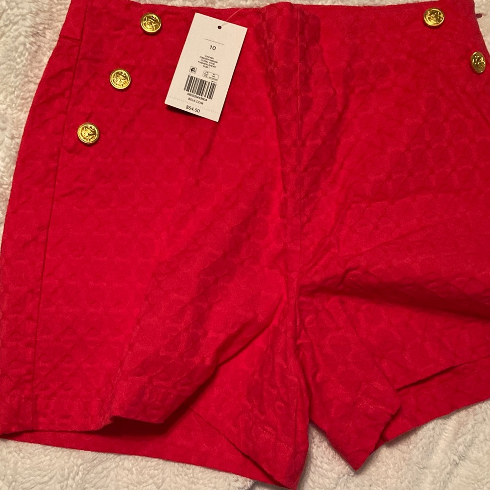 Crown & Ivy Vibrant Pink High Waist Shorts with Gold Buttons